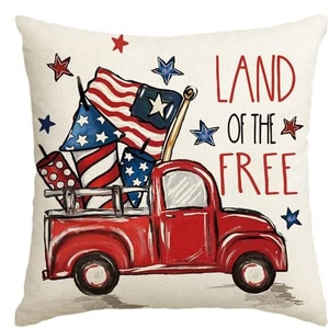 Independence Day linen pillow cover with American flag truck and Land of the Free text