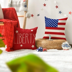 Detailed view of Fourth of July linen throw pillow with Liberty print and star pattern