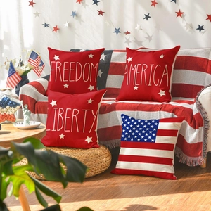 Set of 4 American Independence Day linen pillow covers with red white and blue motifs