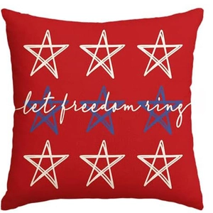 Patriotic July 4th red linen pillow cover featuring stars and Let Freedom Ring text