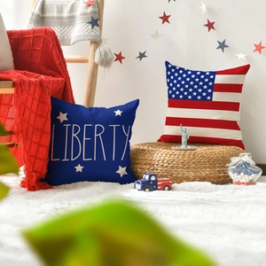 Independence Day linen pillow covers set with Liberty text and American flag stars design