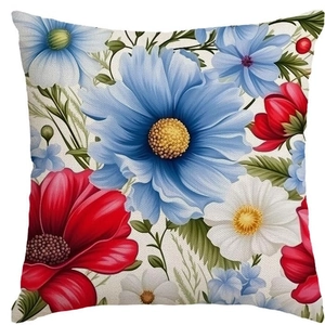 Independence Day pillow cover with red and blue floral print on linen texture fabric