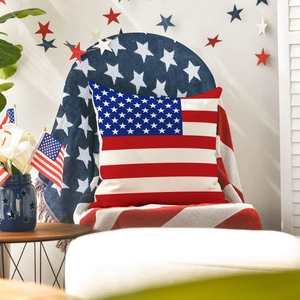 Detailed close-up of Independence Day linen pillowcase with classic American flag pattern