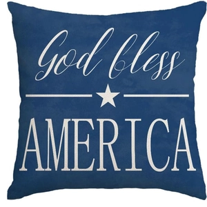 Navy blue linen pillow cover with God bless America print for Independence Day decor