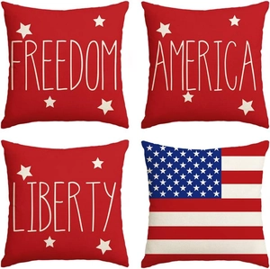 Set of 4 patriotic 4th of July linen pillow covers with stars and American flag patterns