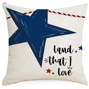 Vintage linen patriotic throw pillow cover with blue star and red stripes design