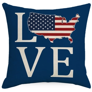Navy blue square pillow cover with LOVE print and American flag map design for sofa