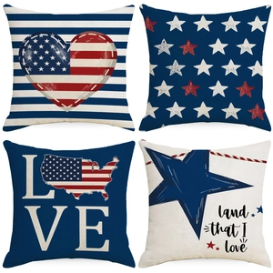 Patriotic US Independence Day Linen Pillow Cover American Flag Heart Stars Stripes Decorative Throw Pillowcase For Home Sofa