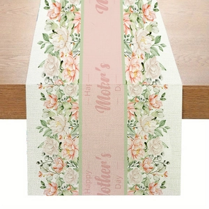 Floral Happy Mother's Day table runner with pink peonies on rustic wooden background