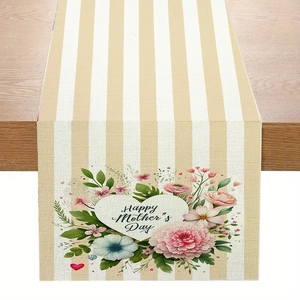 Striped Mother's Day table runner with floral heart print on dark wood table