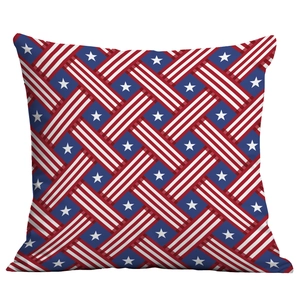 Detail of USA flag themed decorative throw pillow with star and stripe woven pattern