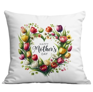 Close-up of heart tulip wreath with Happy Mother's Day text on white pillowcase