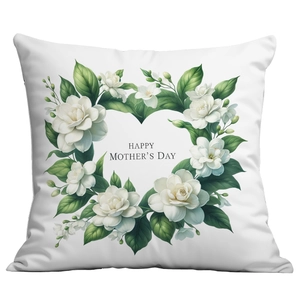 Detail of square pillowcase with heart floral wreath and Happy Mother's Day text