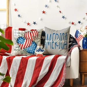 Detail of Independence Day pillow covers with America text and patriotic heart on sofa