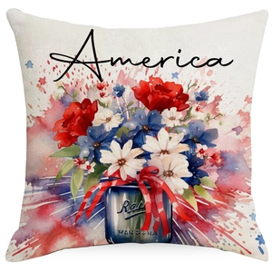 Linen Independence Day pillow cover featuring watercolor American floral art and ribbon