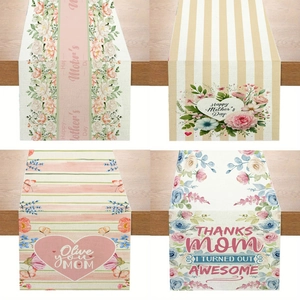 Happy Mother's Day Table Runner Pink Floral Heart Print Polyester Linen Look Decorative Tablecloth For Home Dining Festival Deco