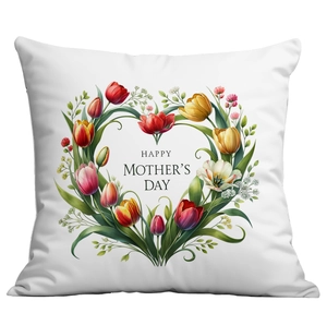 Detail of Happy Mother's Day cushion cover with tulip flower heart on white fabric