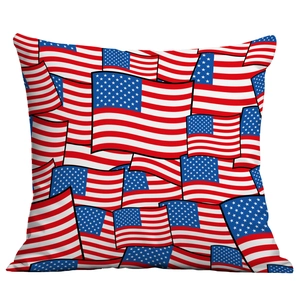 Detail shot of square throw pillow cover featuring overlapping American flag patterns