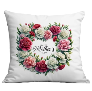 Macro detail of Mother's Day pillowcase with carnation wreath and calligraphy print