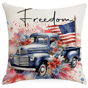Linen Independence Day pillow cover featuring a blue vintage truck and American flags
