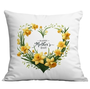 Close-up of Mother's Day pillowcase with yellow floral heart wreath and black typography
