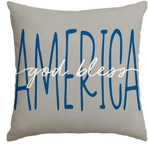 Independence Day throw pillow cover with God Bless America text on linen fabric