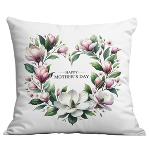 Square Mother's Day throw pillow with heart floral wreath and magnolia pattern print