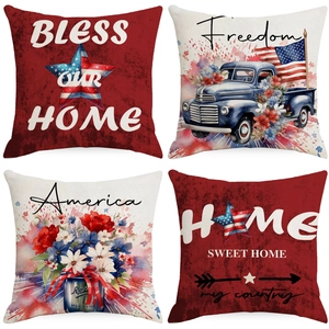 Linen Independence Day Decorative Cushion Cover American Flag Vintage Truck Printed Pillowcase Patriotic Home Sofa Decor