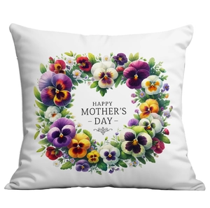Square Mother's Day throw pillow case with a pansy flower wreath and happy greetings