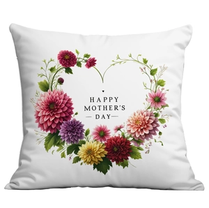 Square white Mother's Day pillow cover with colorful floral wreath and Happy Mother's Day text