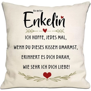 Macro detail of linen pillowcase fabric with German text and red heart decoration