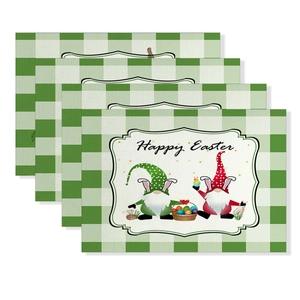 Set van 4 Paas placemats met groene ruitjesrand en schattig kabouterontwerp