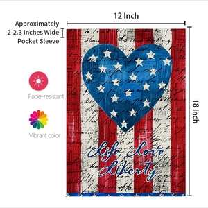 Detailed dimensions of 12x18 inch US garden flag with Life Love Liberty heart design