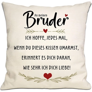 Detail of linen pillowcase with German text and red heart for brother gift
