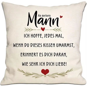 Close-up of square linen pillowcase with German romantic text and red heart graphic