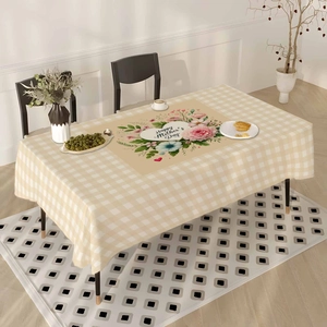 Beige checkered Mother's Day tablecloth with floral Happy Mother's Day heart design