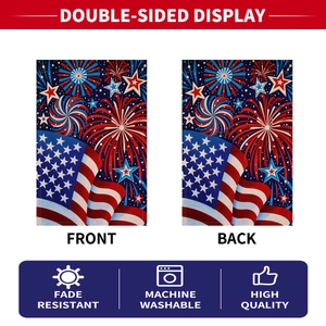 Double-sided USA Independence Day garden flag with fireworks design and durable fabric