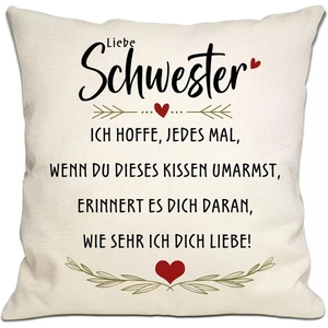 Linen square pillow cover with German sister message and red heart design on white background