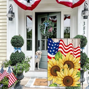 Detail of American flag sunflower garden flag placed in a front yard setting