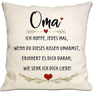 Beige linen pillow cover with German text and red heart for Mother's Day gift
