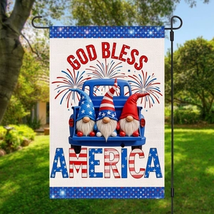 Detail of Independence Day garden flag with patriotic gnomes and truck on a metal stand