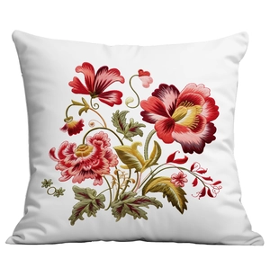 Detailed view of colorful floral embroidery on high-quality white square pillow cover