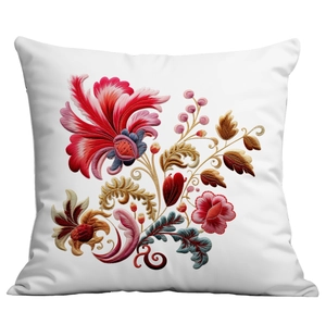 Close-up of white cushion cover with vibrant floral embroidery and high texture details