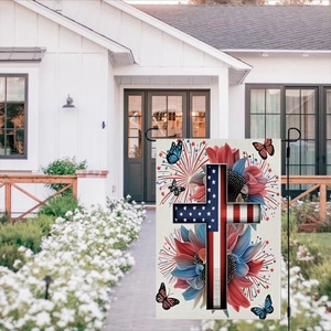 Double-sided US Independence Day garden flag with cross and sunflower design in a yard