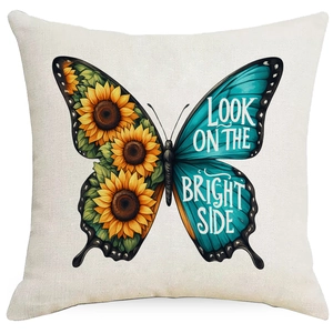 Sunflower butterfly throw pillow case with Look On The Bright Side quote on linen fabric