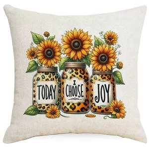 Detail of sunflower pillowcase with leopard print jars and Today I Choose Joy text
