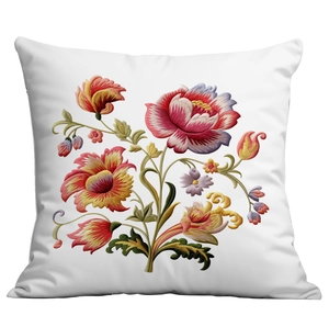 Square floral embroidered throw pillow cover with colorful flowers on a white background