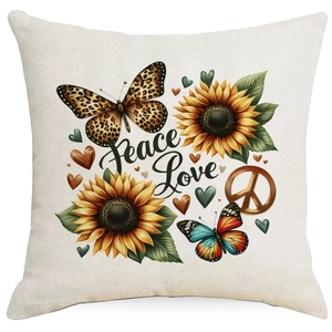 Detail of sunflower and butterfly print on beige linen pillowcase with Peace Love text