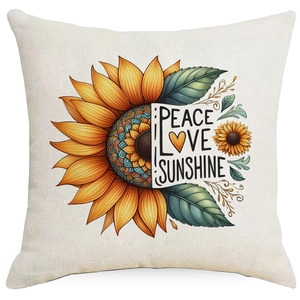 Detailed view of sunflower pillowcase with peace love sunshine print and linen texture