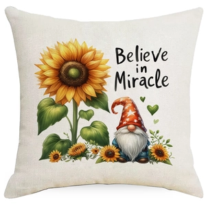 Detailed fabric texture of sunflower gnome pillowcase with Believe in Miracle print